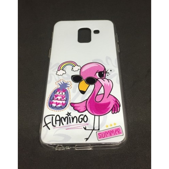 Capa Silicone Gel Com Desenho Samsung Galaxy J8 2018 Branco Flamingo Rosa